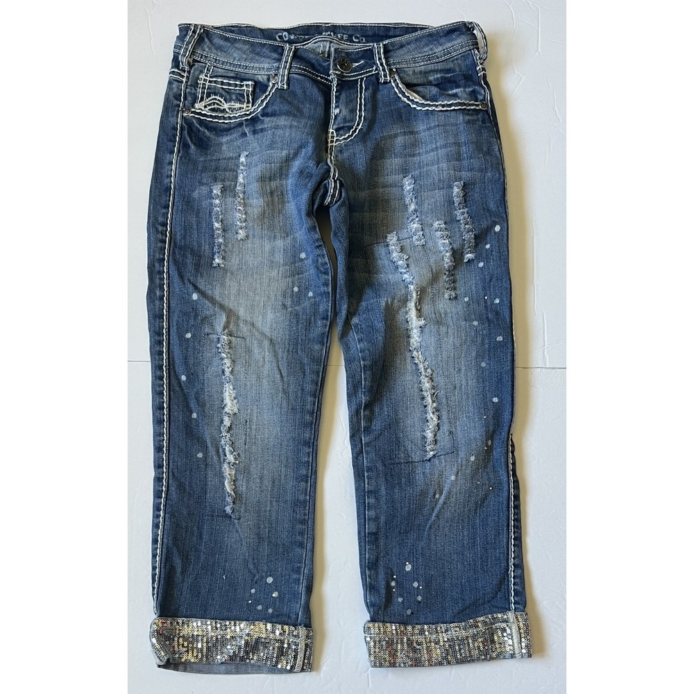 COWGIRL TUFF- Women's Silver Sparkle Sequin Denim Jean Capris - Size 26x24